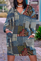 Blue Casual Street Graffiti Print Faux Denim Print Newspaper printing Pocket Contrast V Neck Printed Plus Size Dresses