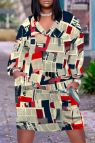 Beige Casual Street Graffiti Print Faux Denim Print Newspaper printing Pocket Contrast V Neck Printed Plus Size Dresses