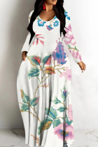 White Pink Casual Floral Print Basic V Neck Long Dresses