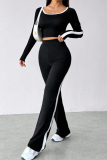Black Casual Patchwork Contrast U Neck Long Sleeve Two Pieces