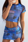 Blue Sexy Print Patchwork O Neck Short Sleeve Two Pieces