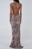Leopard Print Elegant Leopard Print Patchwork Backless Strap Design Halter Long Dresses