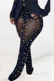Black Casual Solid Color See-Through Beading Regular High Waist Conventional Patchwork Trousers