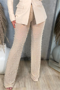 Apricot Casual Solid Color See-Through Beading Regular High Waist Conventional Patchwork Trousers