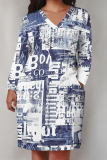 Baby Blue Casual Street Graffiti Print Faux Denim Print Newspaper printing Pocket Contrast V Neck Printed Plus Size Dresses