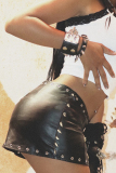 Black Sexy Solid Color Rivets Patchwork Straight Low Waist Straight Patchwork Bottoms