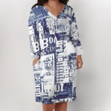 Baby Blue Casual Street Graffiti Print Faux Denim Print Newspaper printing Pocket Contrast V Neck Printed Plus Size Dresses