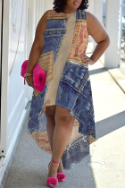 Blue Coffee Casual Street Faux Denim Print Irregular Contrast O Neck Irregular Plus Size Dresses