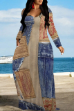 Baby Blue Casual Street Faux Denim Print Pocket Contrast V Neck Printed Dresses