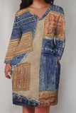 Baby Blue Casual Street Graffiti Print Faux Denim Print Newspaper printing Pocket Contrast V Neck Printed Plus Size Dresses