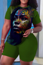 Green Casual Figure Print Basic O Neck Short Sleeve Two Pieces