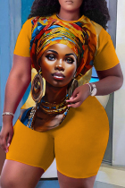 Orange Casual Figure Print Basic O Neck Short Sleeve Two Pieces