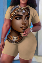 Khaki Casual Figure Print Basic O Neck Short Sleeve Two Pieces
