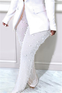 White Casual Solid Color See-Through Beading Regular High Waist Conventional Patchwork Trousers