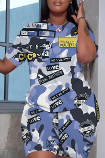 Baby Blue Casual Print Basic O Neck Short Sleeve Two Pieces