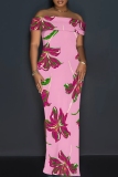 Multicolor Casual Floral Print Patchwork Slit Off Shoulder Long Dresses