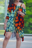Red Blue Casual Print Irregular Oblique Collar Plus Size Two Pieces