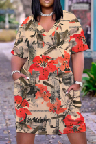 Beige Casual Print Basic V Neck Short Sleeve Plus Size Dresses