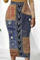 Deep Blue Casual Faux Denim Print Contrast Regular High Waist Full Print Bottoms