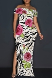 Multicolor Casual Floral Print Patchwork Slit Off Shoulder Long Dresses