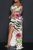 Multicolor Casual Floral Print Patchwork Slit Off Shoulder Long Dresses