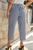 Navy Blue Casual Stripe Draw String Patchwork Plus Size 