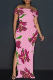 Multicolor Casual Floral Print Patchwork Slit Off Shoulder Long Dresses