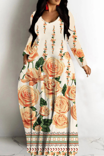 Apricot Casual Print Basic V Neck Long Dresses