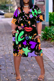 Beige Casual Print Basic V Neck Short Sleeve Plus Size Dresses