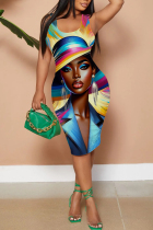 Blue Casual Figure Print Basic U Neck Vest Dresses