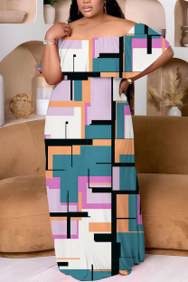 Multicolor Casual Print Patchwork Off Shoulder Long Plus Size Dresses