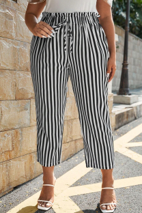 Black Casual Stripe Draw String Patchwork Plus Size 