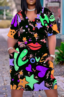 Black Casual Print Basic V Neck Short Sleeve Plus Size Dresses