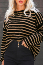 Black Brown Casual Stripe Patchwork Oblique Collar Tops