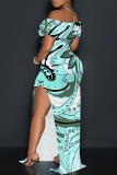 Multicolor Casual Floral Print Patchwork Slit Off Shoulder Long Dresses