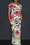 Multicolor Casual Floral Print Patchwork Slit Off Shoulder Long Dresses