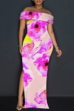 Multicolor Casual Floral Print Patchwork Slit Off Shoulder Long Dresses
