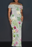 Multicolor Casual Floral Print Patchwork Slit Off Shoulder Long Dresses