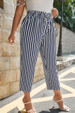 Navy Blue Casual Stripe Draw String Patchwork Plus Size 