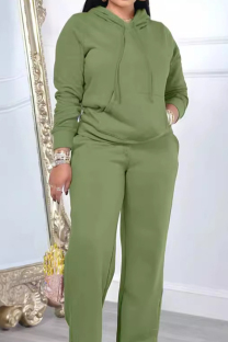 Army Green Casual Solid Color Draw String Pocket Patchwork Slit Hooded Long Sleeve Two Pieces