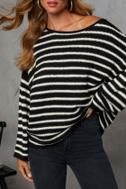 Black And White Casual Stripe Patchwork Oblique Collar Tops