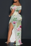 Multicolor Casual Floral Print Patchwork Slit Off Shoulder Long Dresses