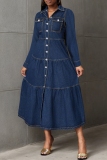 Deep Blue Casual Solid Color Pocket Buttons Turndown Collar Long Sleeve Fitted Denim Dresses