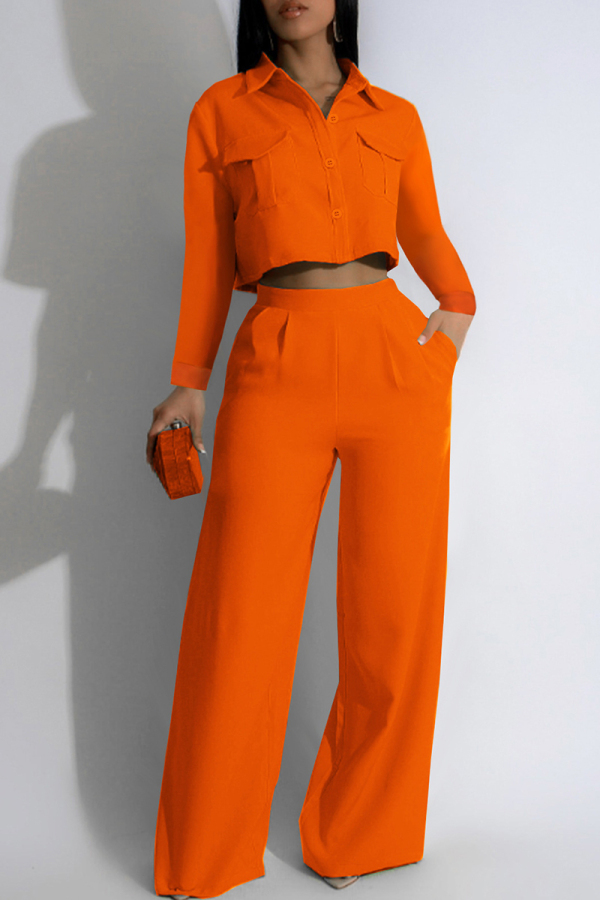 Tangerine Red Casual Solid Color Pocket Buckle Patchwork Turndown Collar Long Sleeve Two Pieces