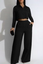 Black Casual Solid Color Pocket Buckle Patchwork Turndown Collar Long Sleeve Two Pieces