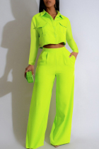Fluorescent Green Casual Solid Color Pocket Buckle Patchwork Turndown Collar Long Sleeve Two Pieces