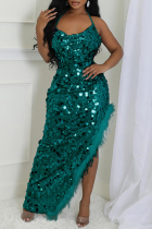 Green Sexy Patchwork Sequins Feathers Backless Slit Halter Long Dresses