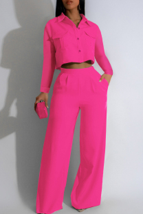 Rose Red Casual Solid Color Pocket Buckle Patchwork Turndown Collar Long Sleeve Two Pieces