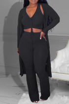 Black Casual Solid Color Draw String Patchwork V Neck Long Sleeve Three Pieces