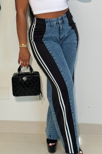 Blue Casual Stripe Buttons Patchwork Zipper High Waist Loose Denim Jeans
